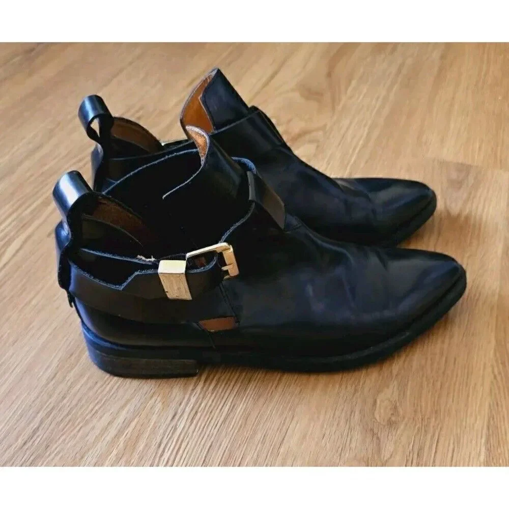 Miista Leather Strap Bootie with Buckle EU 38 US 7.5 Western Gold Hardware
